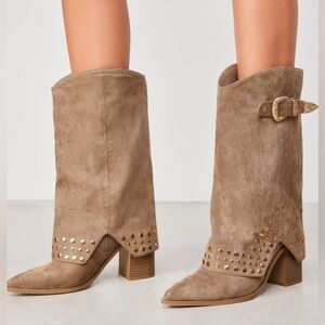 Suede pointed toe boots tan mushroom gold rivets side zipper for easy on 38 8